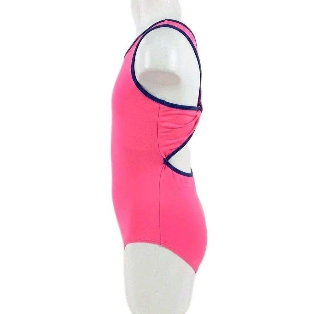 Aja Girls 90s Twisted Triangle Open Back Keyhole Leotard Neon Pink Size 12/14